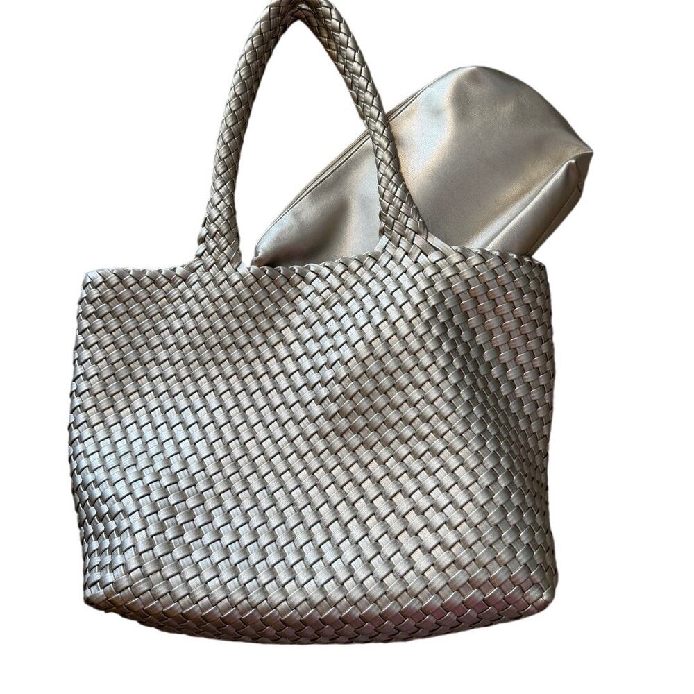 Metallic Gold Woven Faux Leather Tote Bag Set w/ Pouch